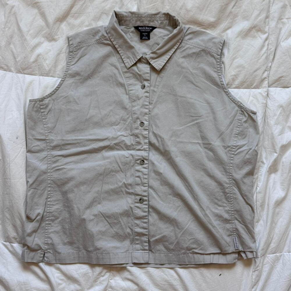 Woolrich Khaki sleeveless button up shirt sz XL hiking outdoor cotton breathable